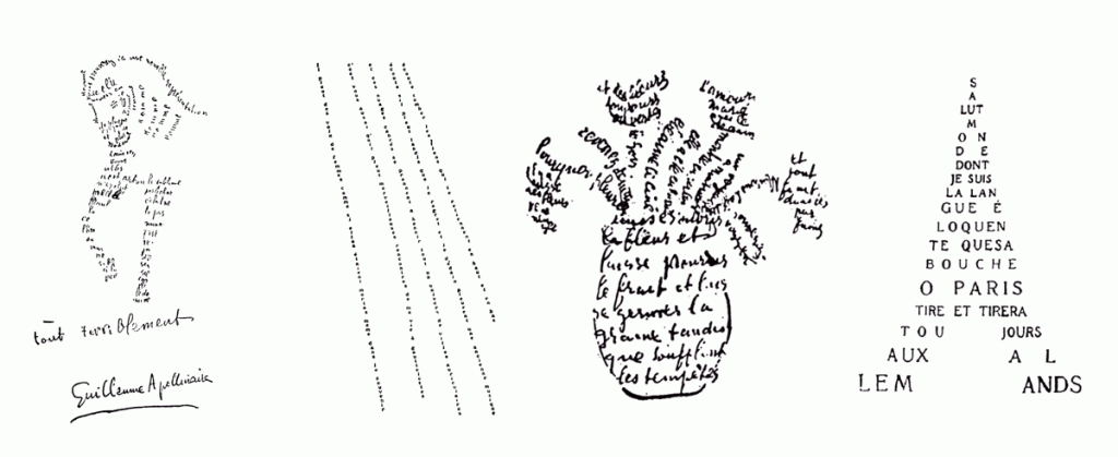 Calligrammes d’Apollinaire- Cheval, pluie, bouquet de fleurs et la tour Eiffel.